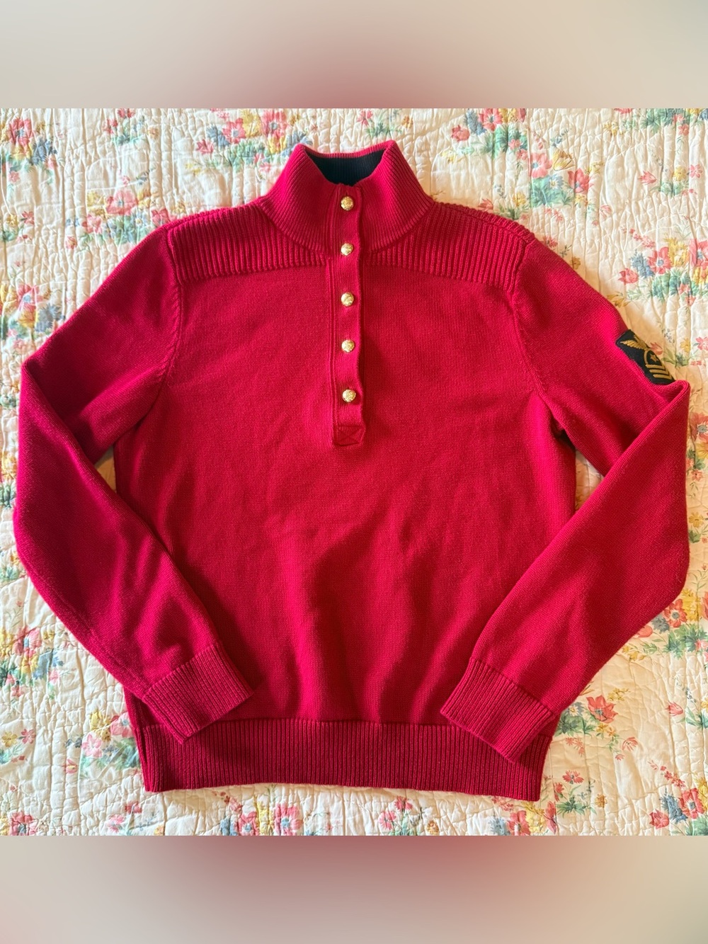 Lauren Jeans Co Ralph Lauren Red Quarter Button Sweater XL Military Patch